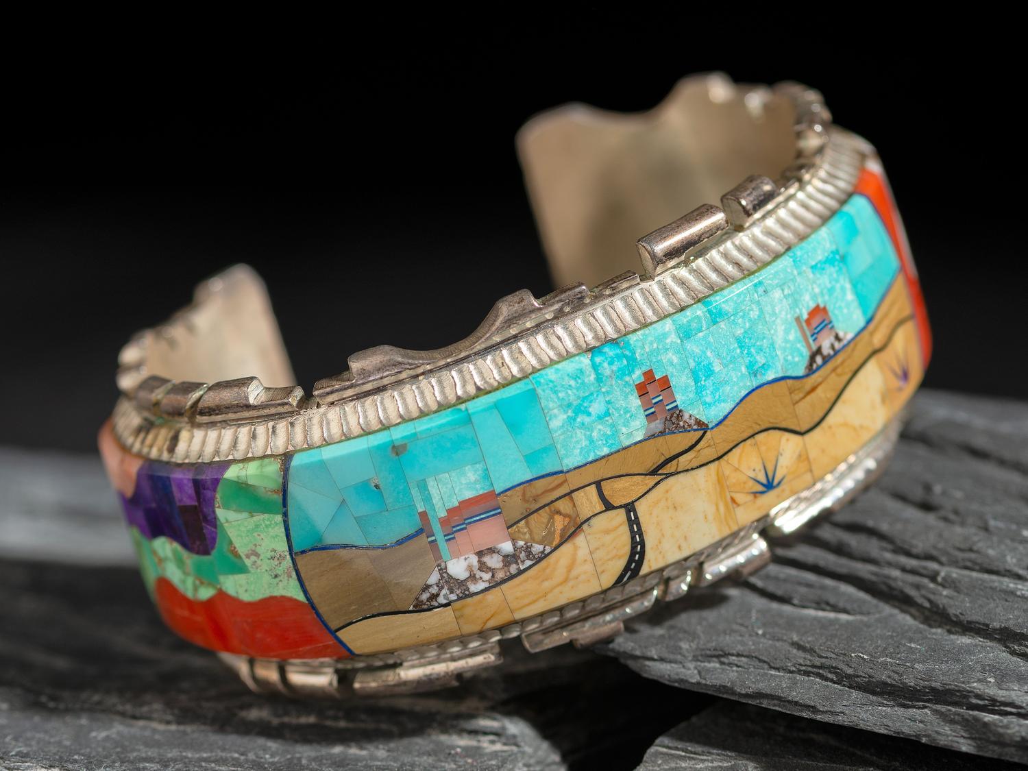 Sterling Silver Cuff Bracelet, with Mosaic Inlay Monument Valley Scene