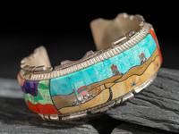 Sterling Silver Cuff Bracelet, with Mosaic Inlay Monument Valley Scene