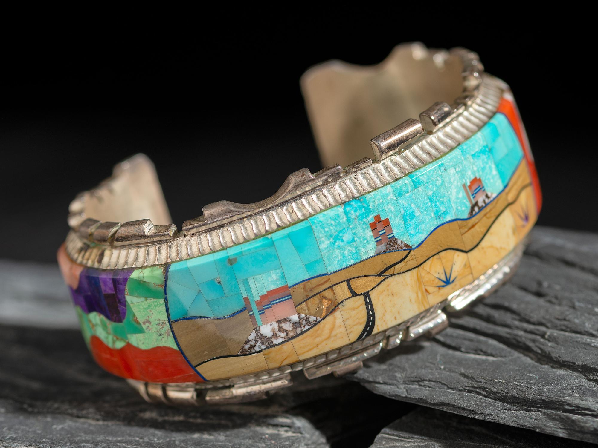 Sterling Silver Cuff Bracelet, with Mosaic Inlay Monument Valley Scene