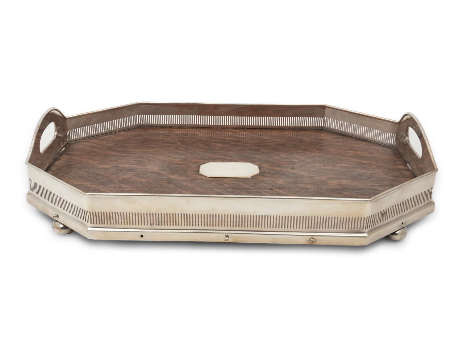 An English Oak and Silver-Plate Serving Tray