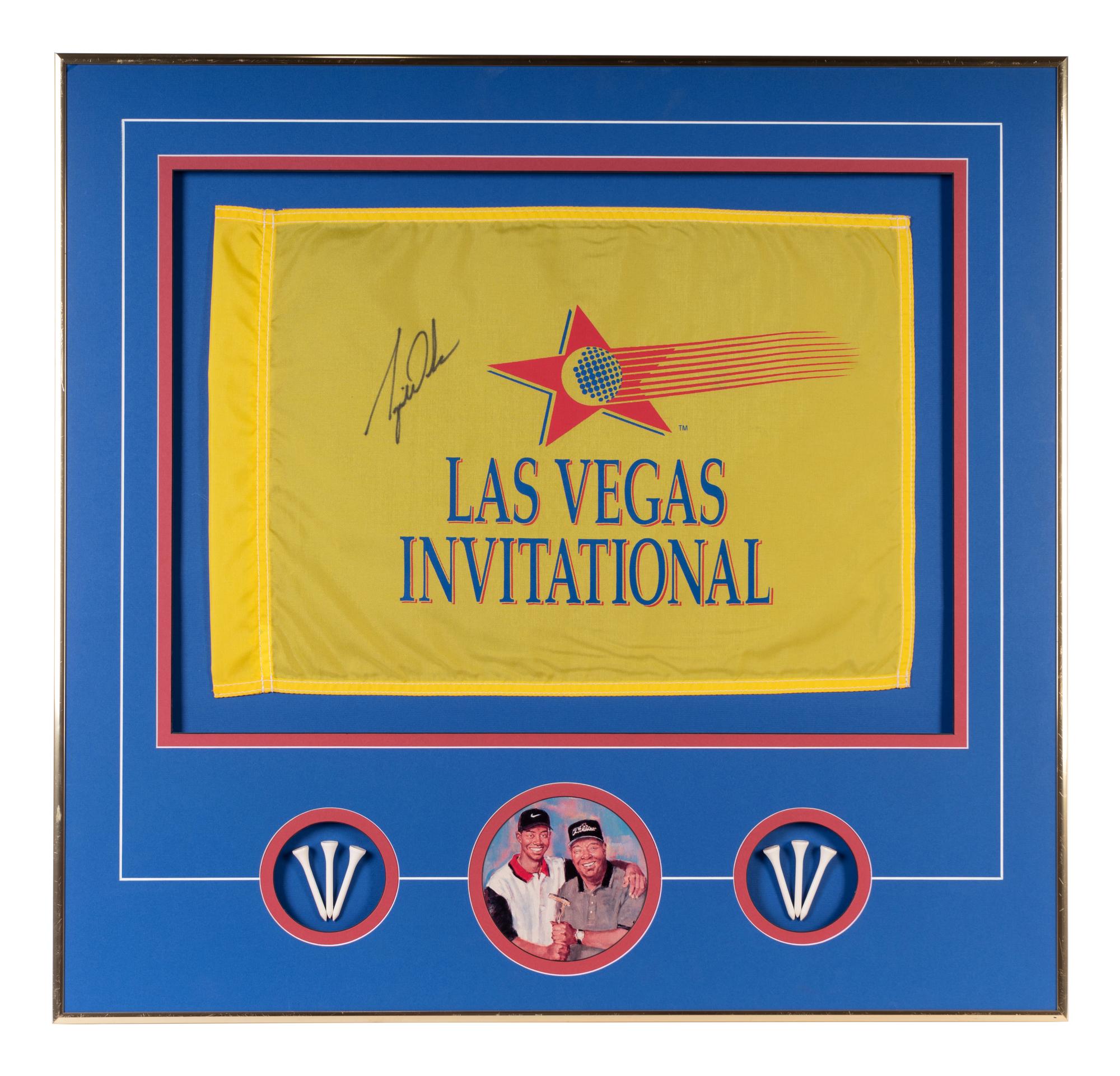 A Historically Significant Tiger Woods Signed Autograph 1996 Las Vegas Invitational Tournament Flown Golf Flag From Woods' First PGA Tour Victory (Tournament Director Letter, PSA Authentic),
