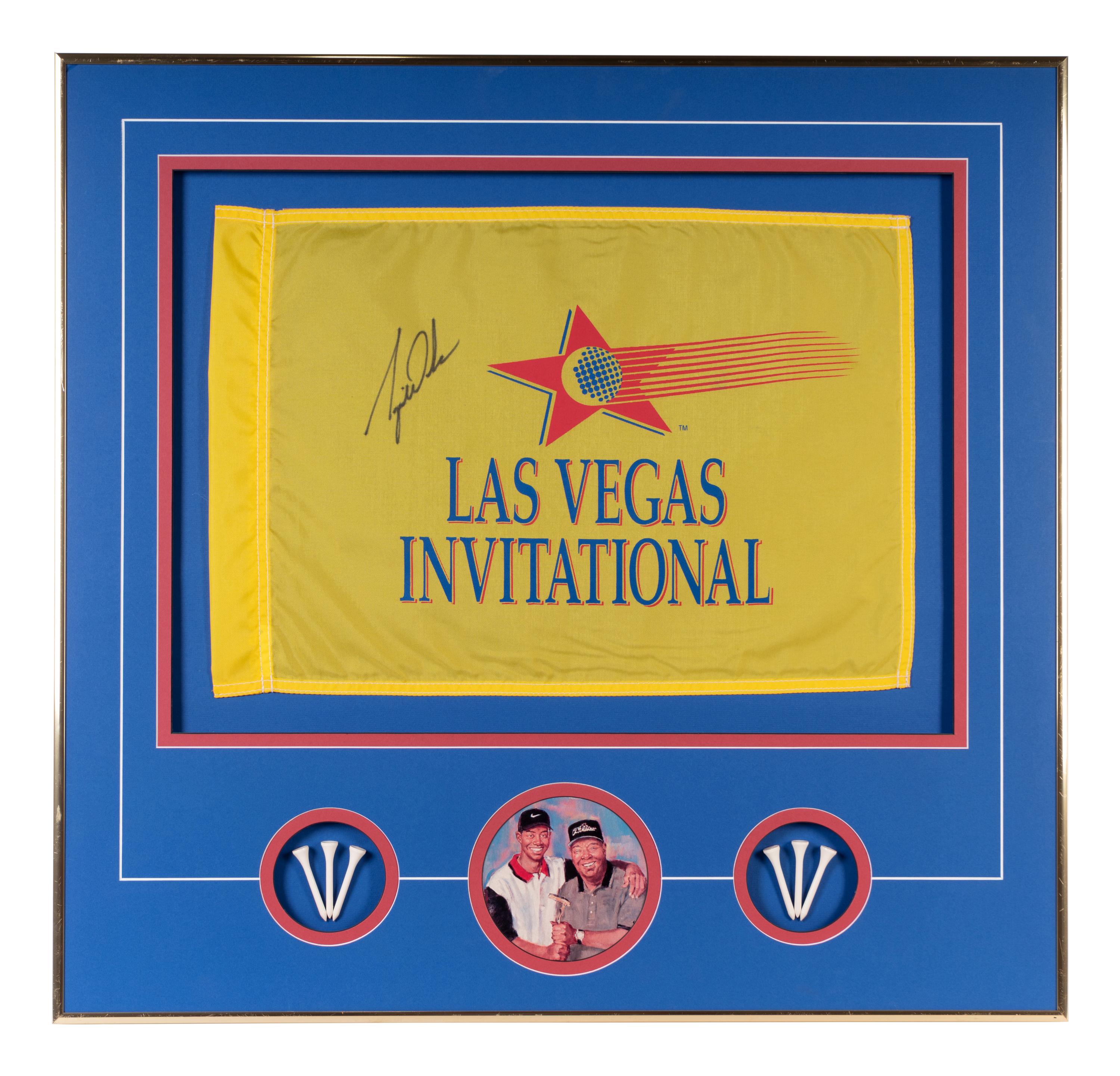 A Historically Significant Tiger Woods Signed Autograph 1996 Las Vegas Invitational Tournament Flown Golf Flag From Woods' First PGA Tour Victory (Tournament Director Letter, PSA Authentic),