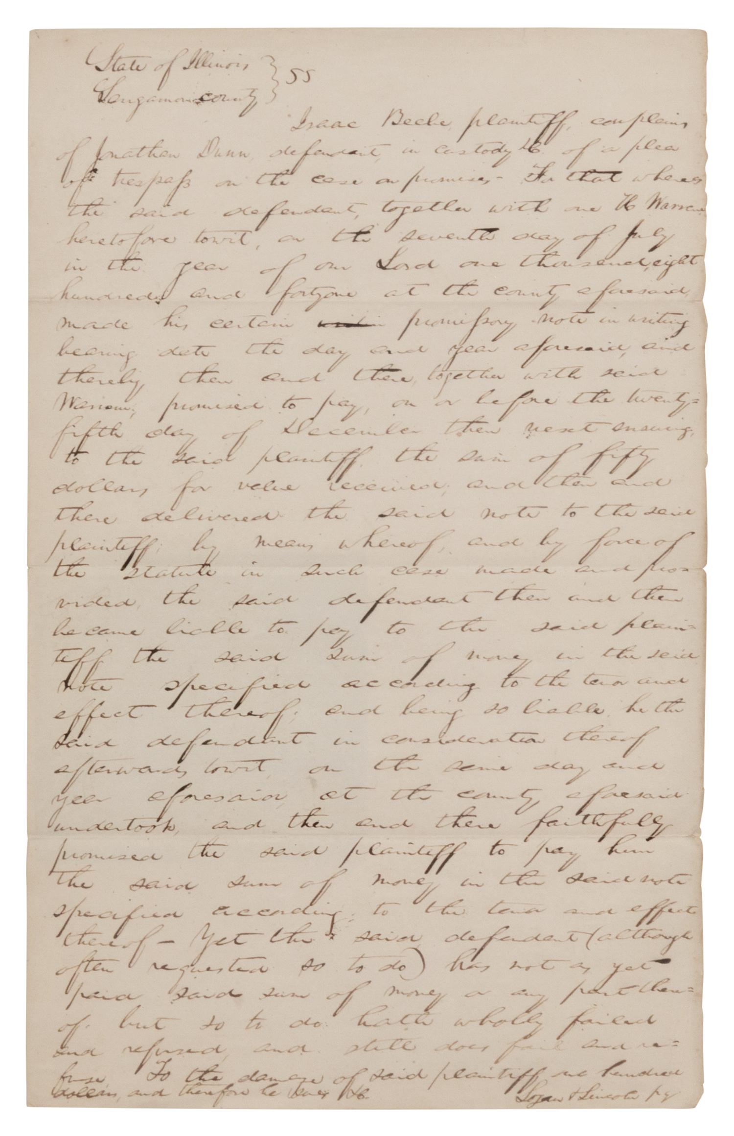 LINCOLN, Abraham (1809-1865). Autograph document signed under his firm’s name “Logan & Lincoln.” Sangamon County, Illinois, 31 March 1842.