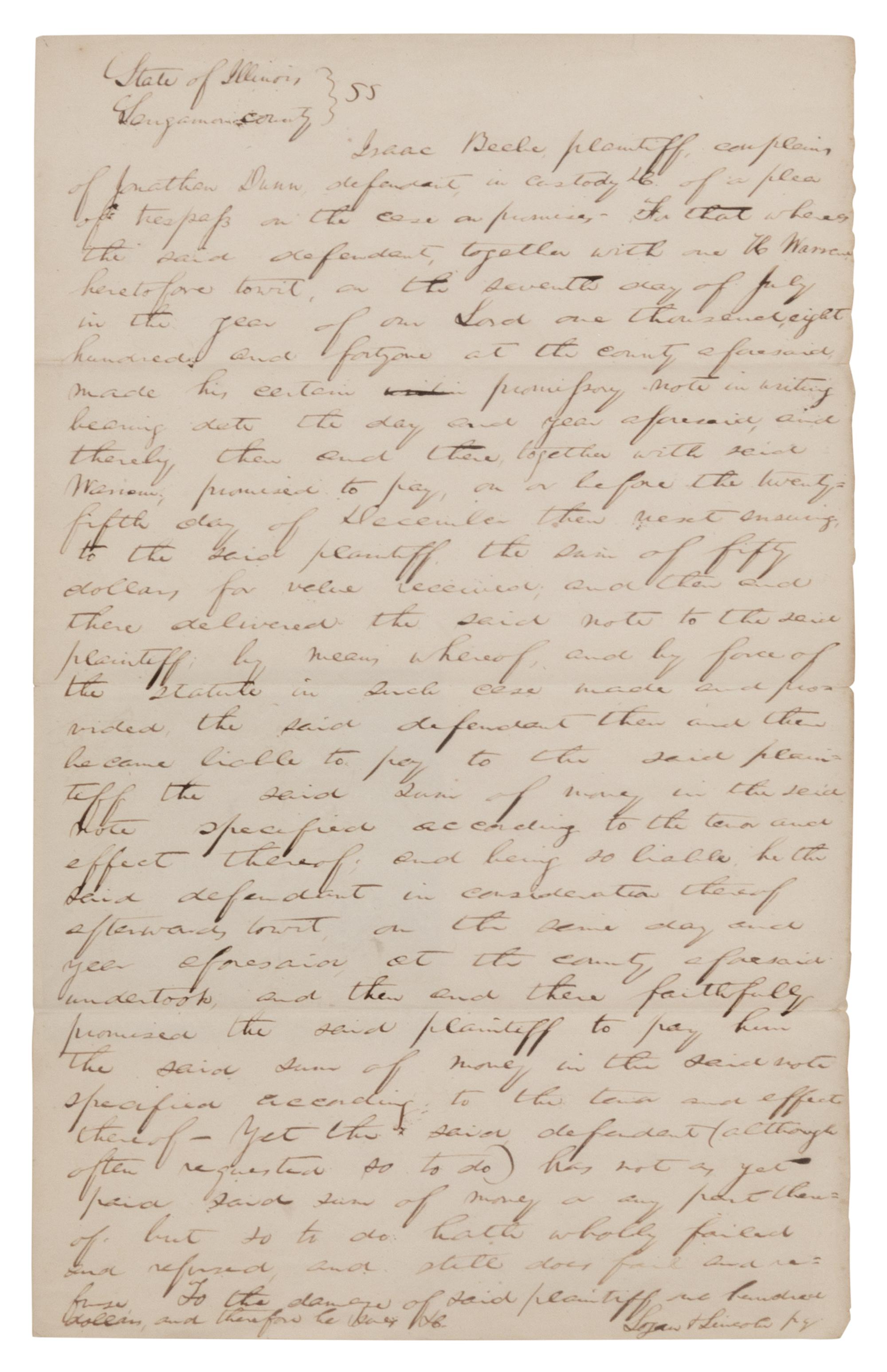 LINCOLN, Abraham (1809-1865). Autograph document signed under his firm’s name “Logan & Lincoln.” Sangamon County, Illinois, 31 March 1842.