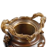 A Pair of French Patinated and Parcel Gilt Bronze Urns