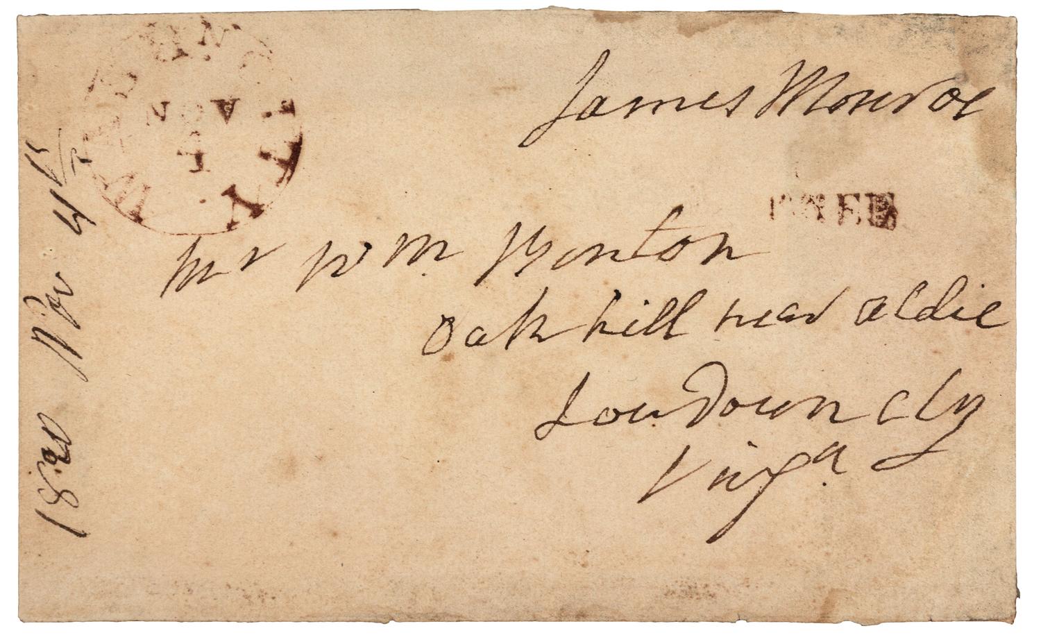 MONROE, James (1758-1831), President. Autograph free frank ("James Monroe"), as President, on folded cover addressed in his hand. To William Benton, Oakhill, VA, 4 November 1820.