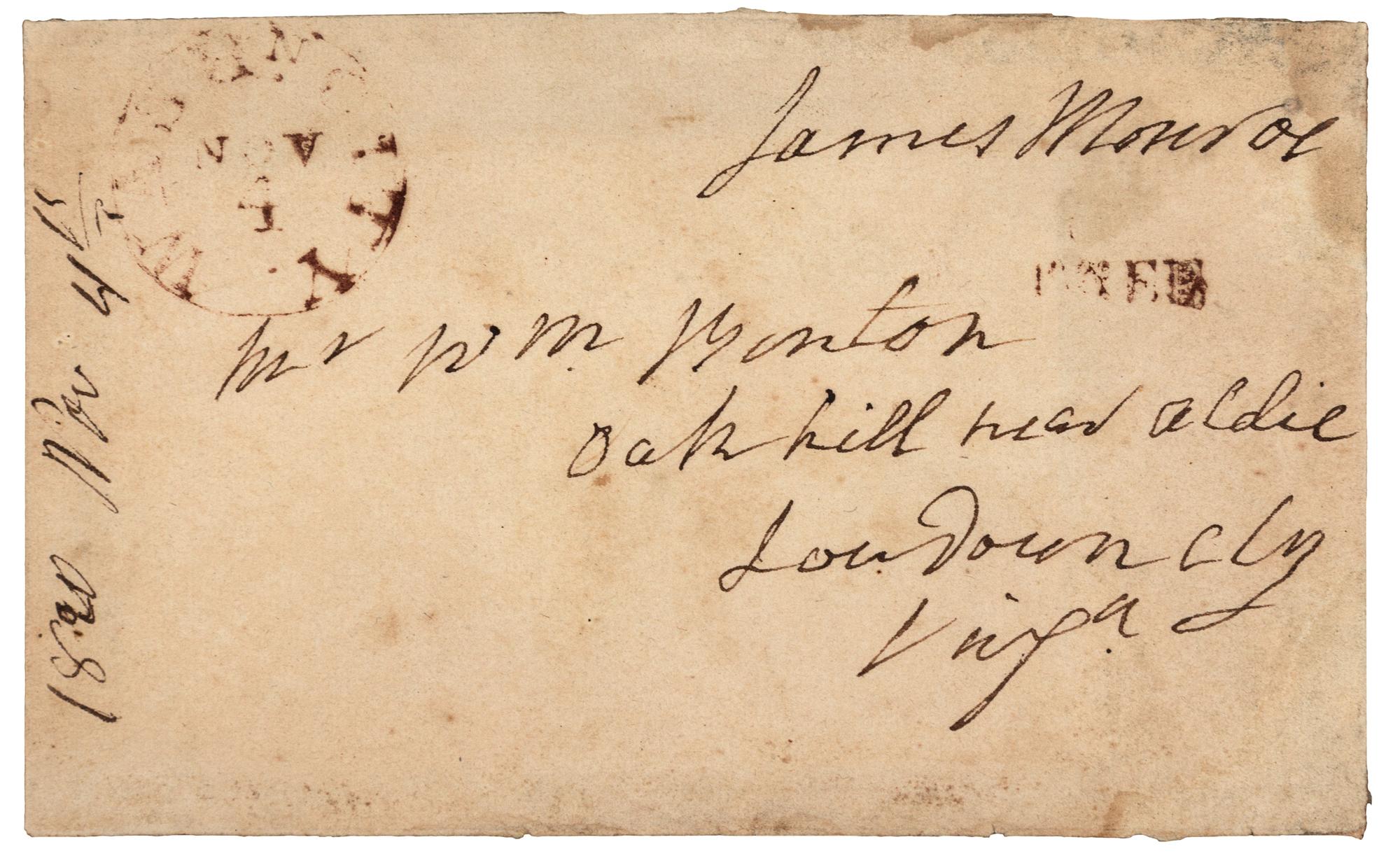 MONROE, James (1758-1831), President. Autograph free frank ("James Monroe"), as President, on folded cover addressed in his hand. To William Benton, Oakhill, VA, 4 November 1820.