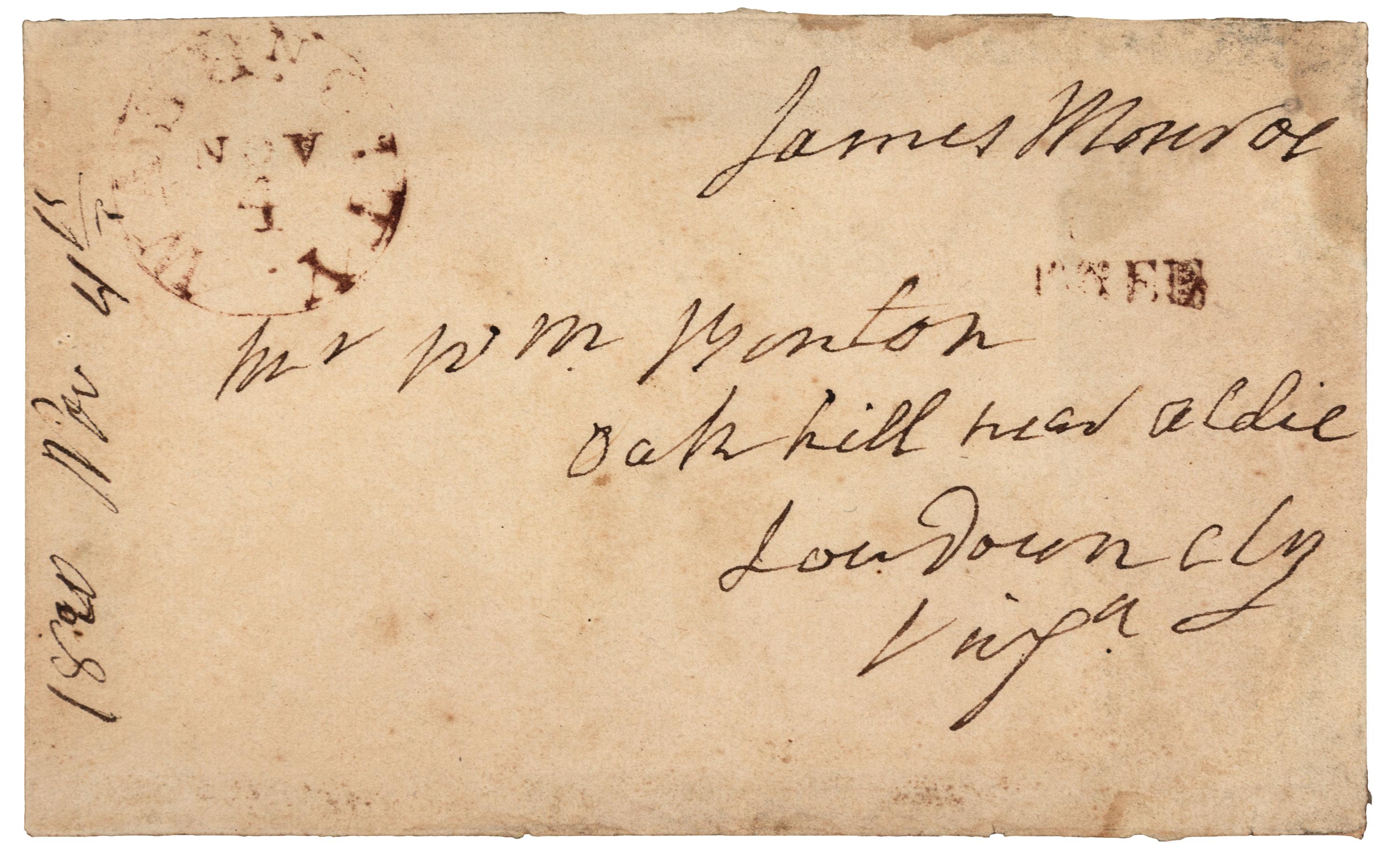 MONROE, James (1758-1831), President. Autograph free frank ("James Monroe"), as President, on folded cover addressed in his hand. To William Benton, Oakhill, VA, 4 November 1820.