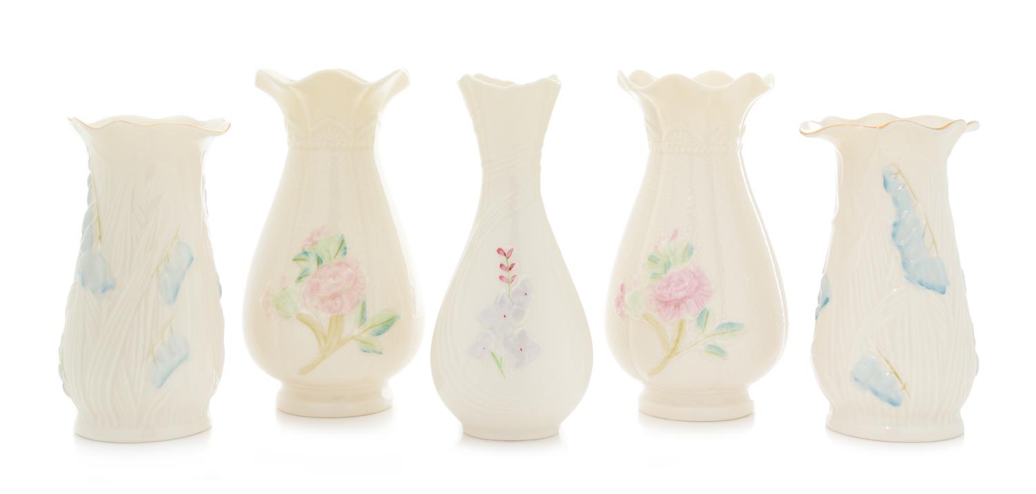 Five Belleek Vases Height of tallest 7 inches. — SEVENTH GREEN MARK (1980-1993)