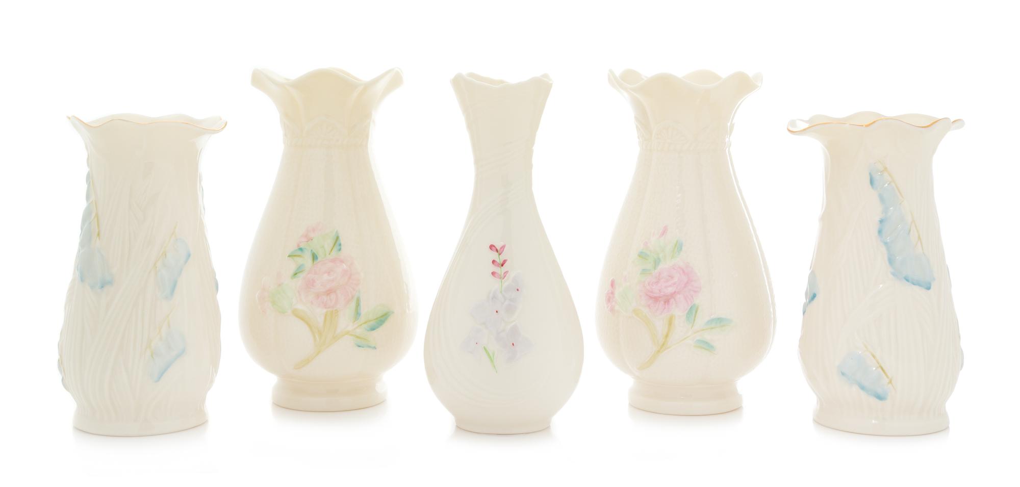 Five Belleek Vases Height of tallest 7 inches. — SEVENTH GREEN MARK (1980-1993)