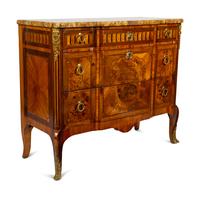 A Louis XV/XVI Transitional Style Marquetry Marble-Top Commode