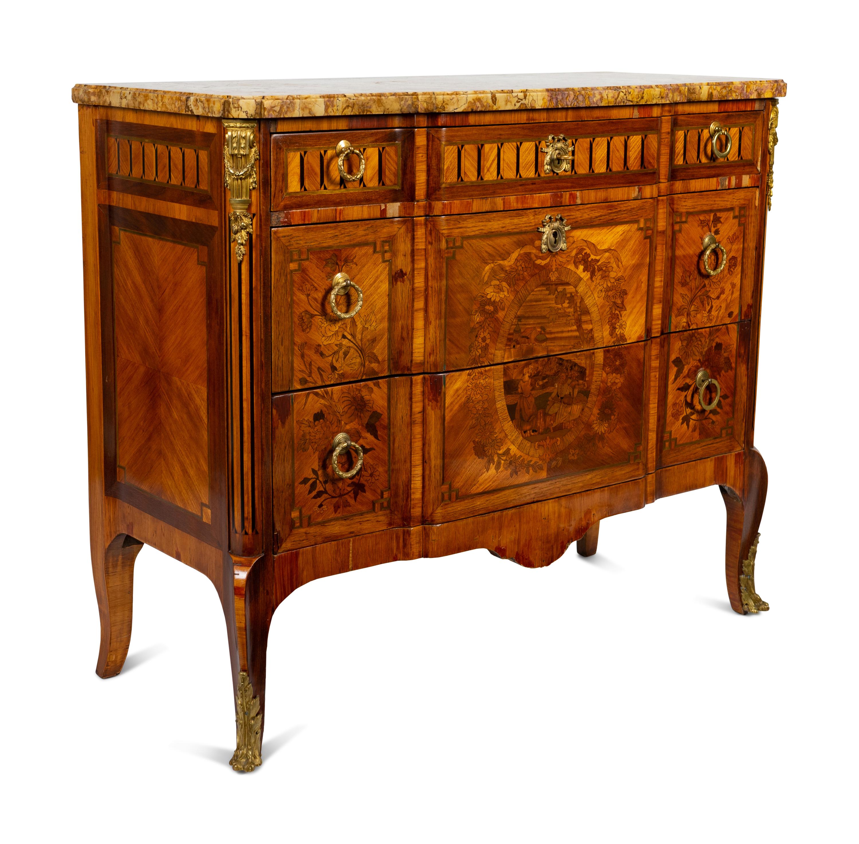 A Louis XV/XVI Transitional Style Marquetry Marble-Top Commode