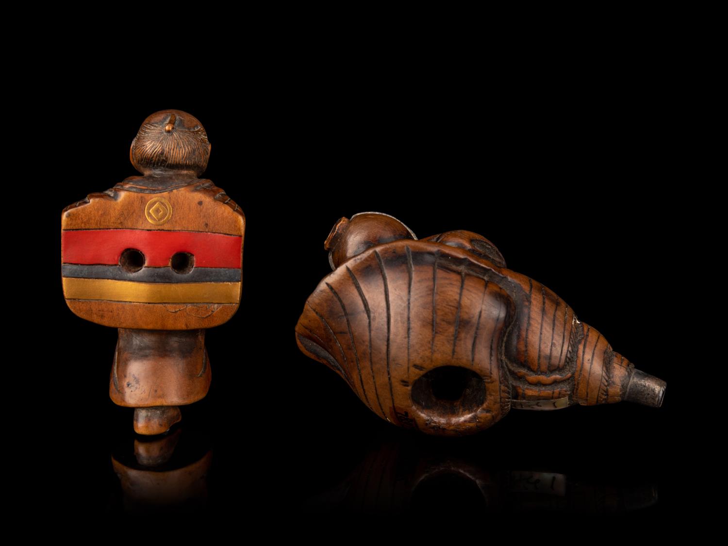 Two Japanese Embellished Boxwood Netsuke