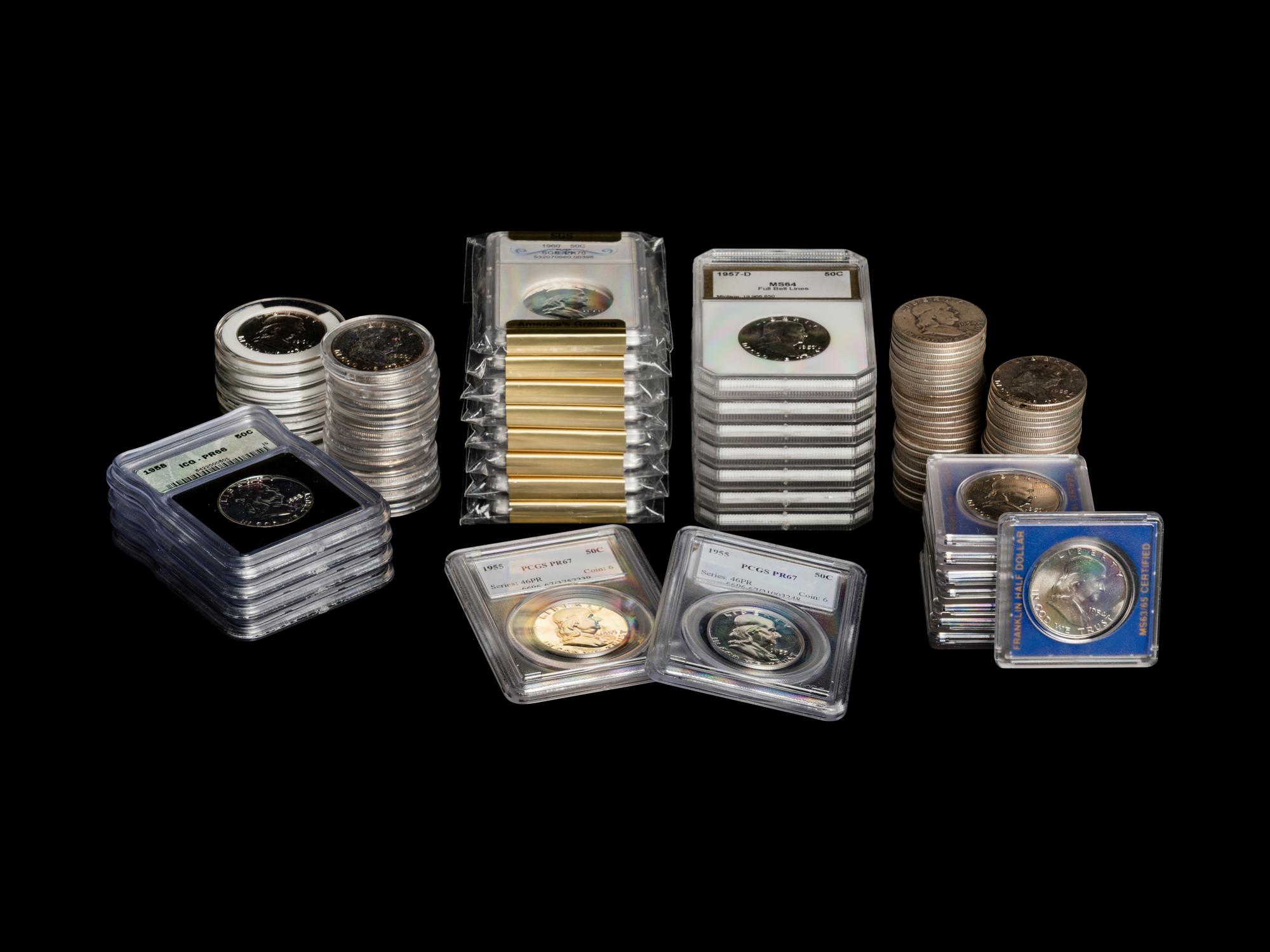 A Collection of One Hundred and Eight Benjamin Franklin 50c Proof and Mint Coins