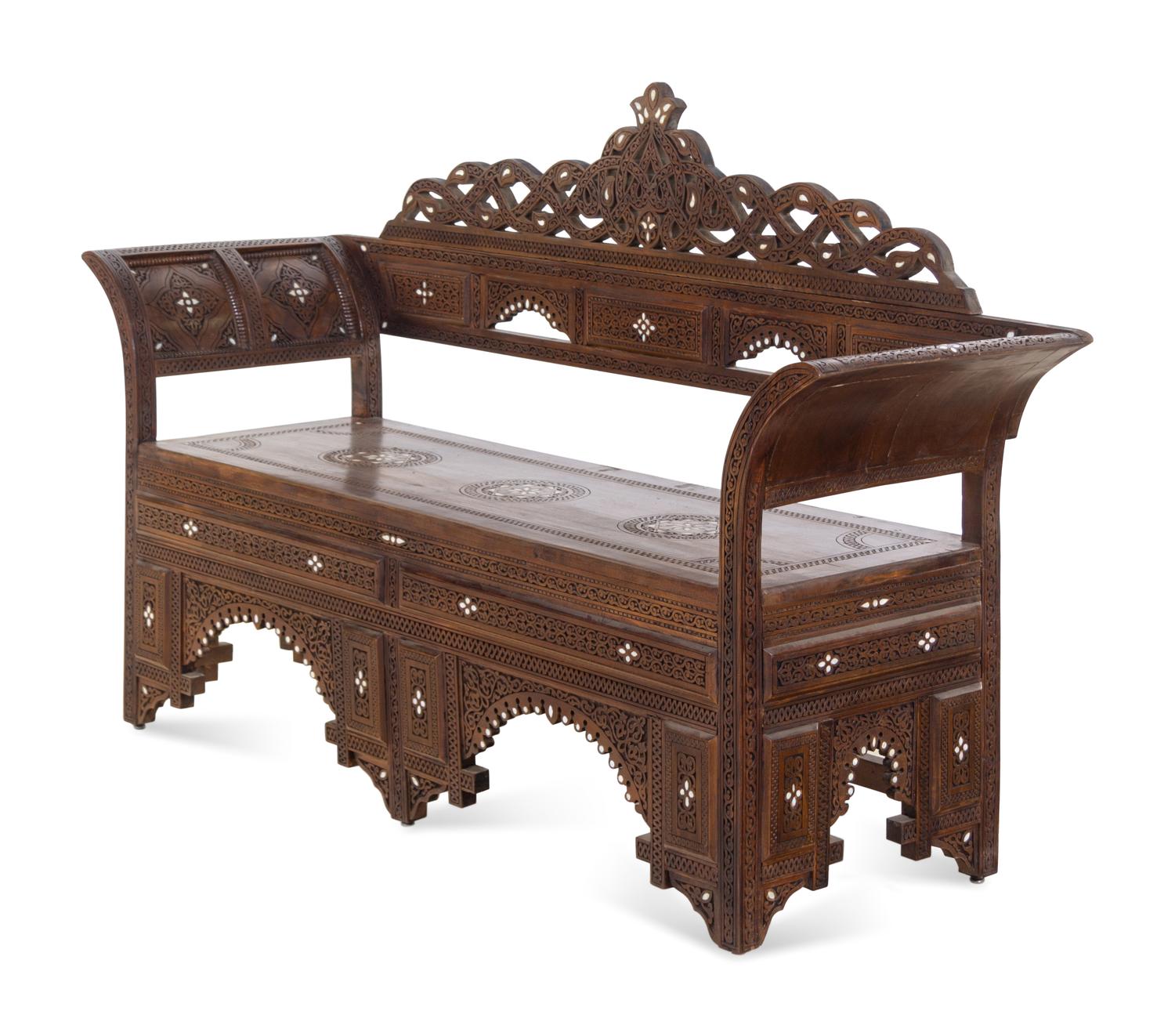 A Syrian Carved and Mother-of-Pearl Inlaid Walnut Settee