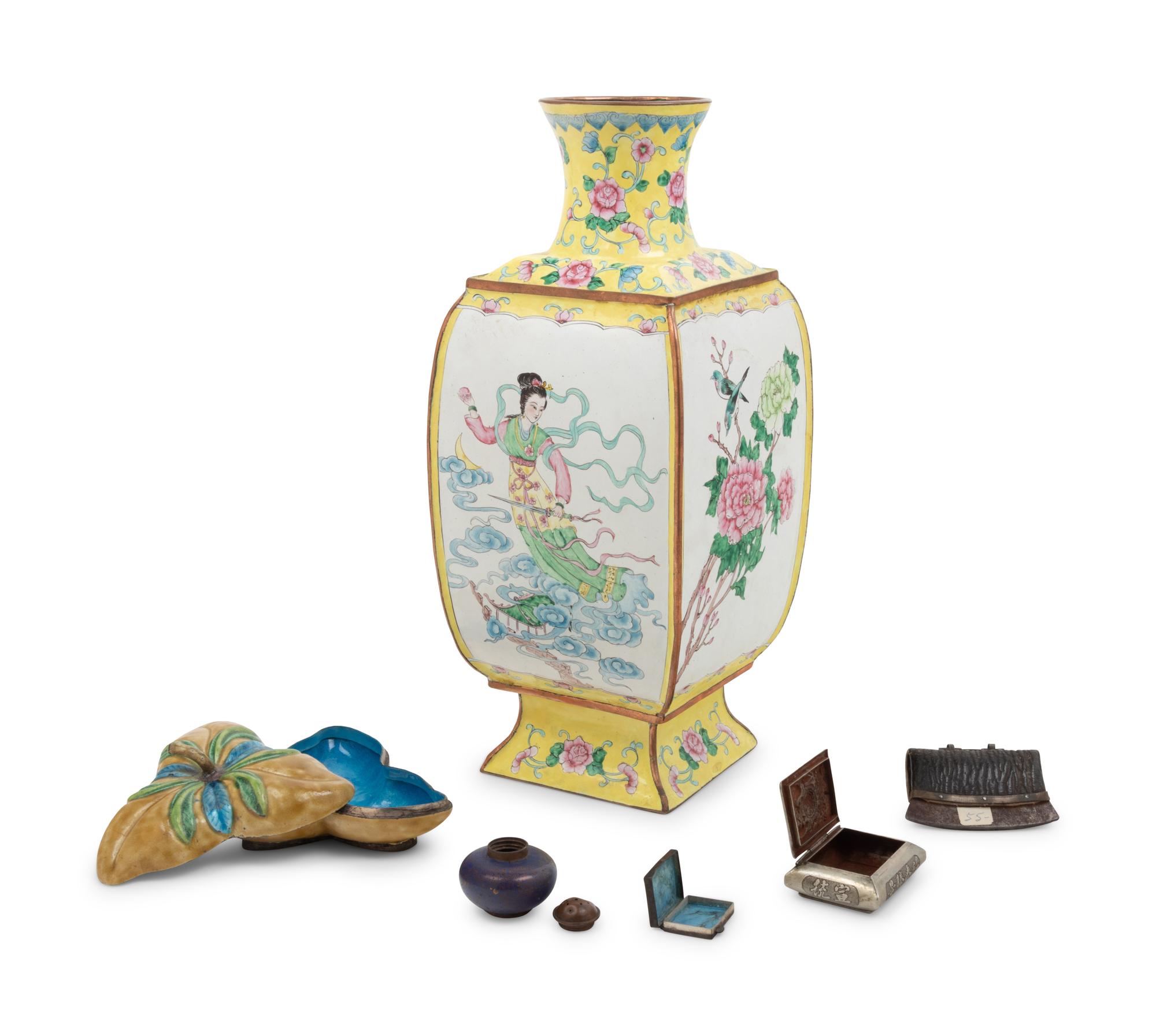 Six Chinese Metal and Painted Enamel Articles