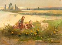 After Virgil Williams, (American, 1830-1886), Children in Lake Landscape with Goat