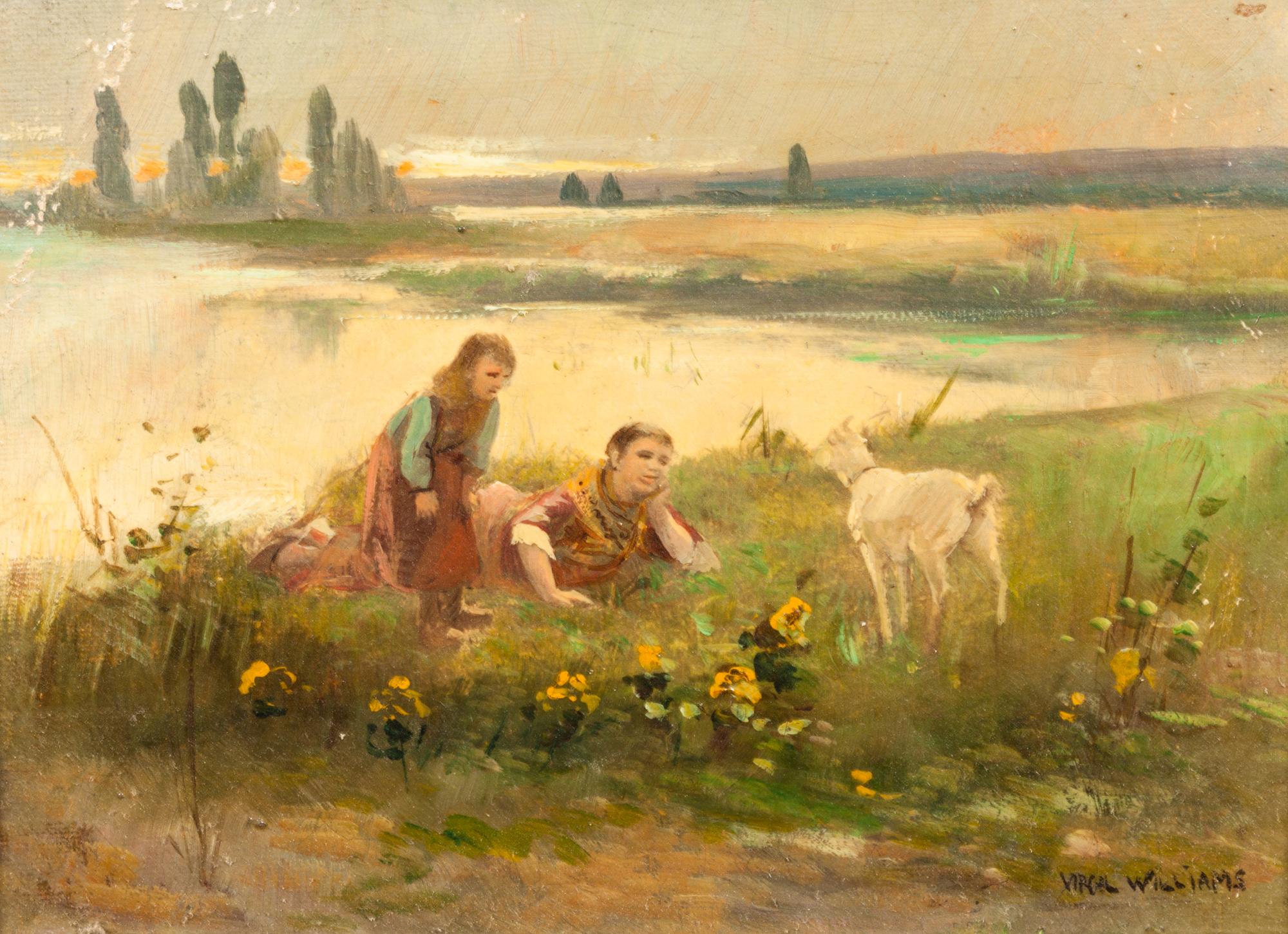 After Virgil Williams, (American, 1830-1886), Children in Lake Landscape with Goat