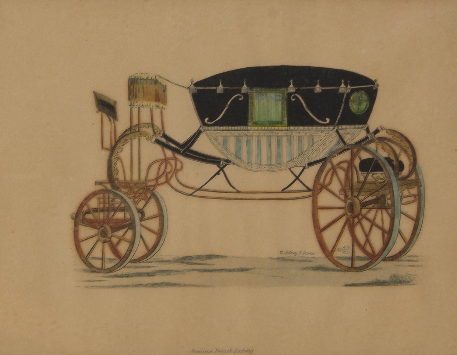 Nine French Handcolored Engravings, Sidney Z. Lucas, Height 5 3/4 x width 7 7/8 inches (visible).