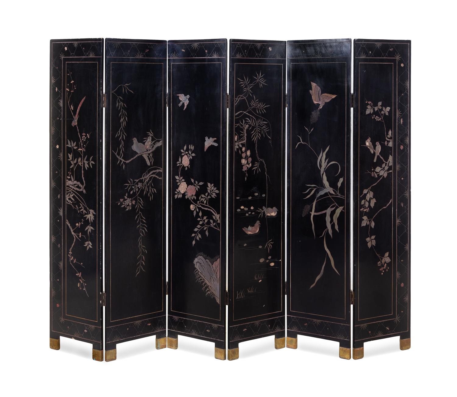 A Chinese Six-Panel Coromandel Polychrome Lacquered Floor Screen