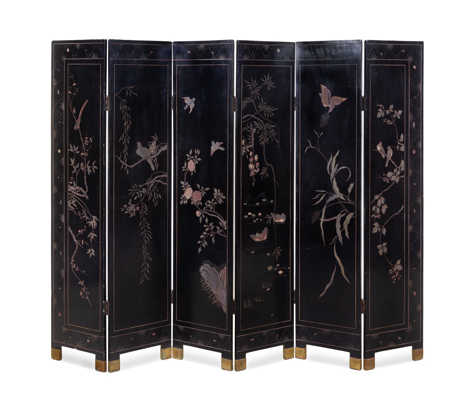 A Chinese Six-Panel Coromandel Polychrome Lacquered Floor Screen