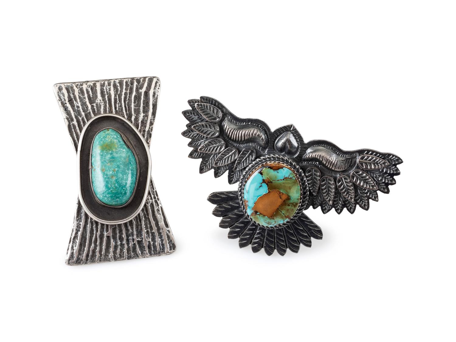 Large Avian Sterling Silver and Pilot Mountain Turquoise Ring PLUS Sterling Silver Tufa Cast Ring, with Mineral Valley Turquoise