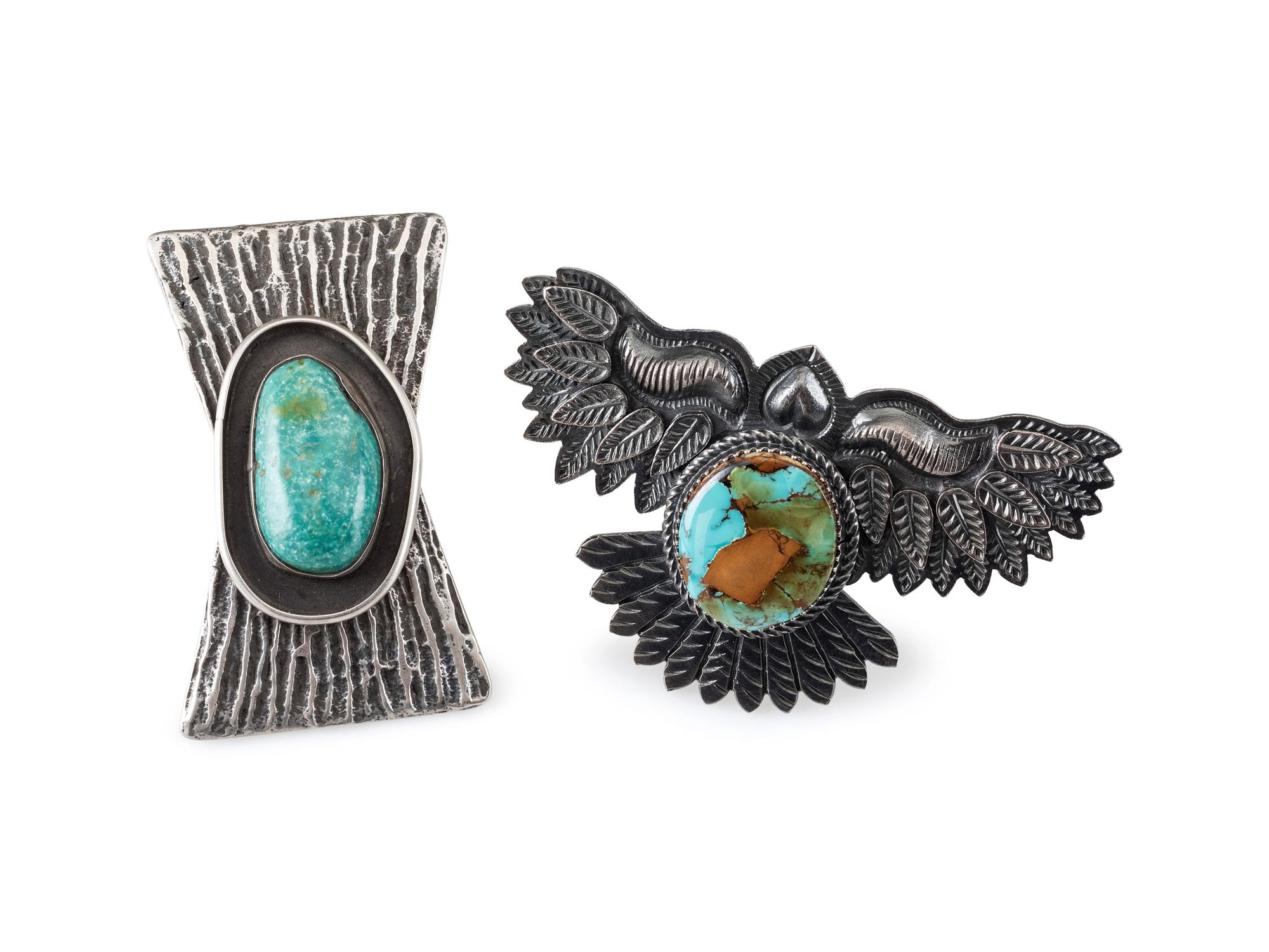 Large Avian Sterling Silver and Pilot Mountain Turquoise Ring PLUS Sterling Silver Tufa Cast Ring, with Mineral Valley Turquoise