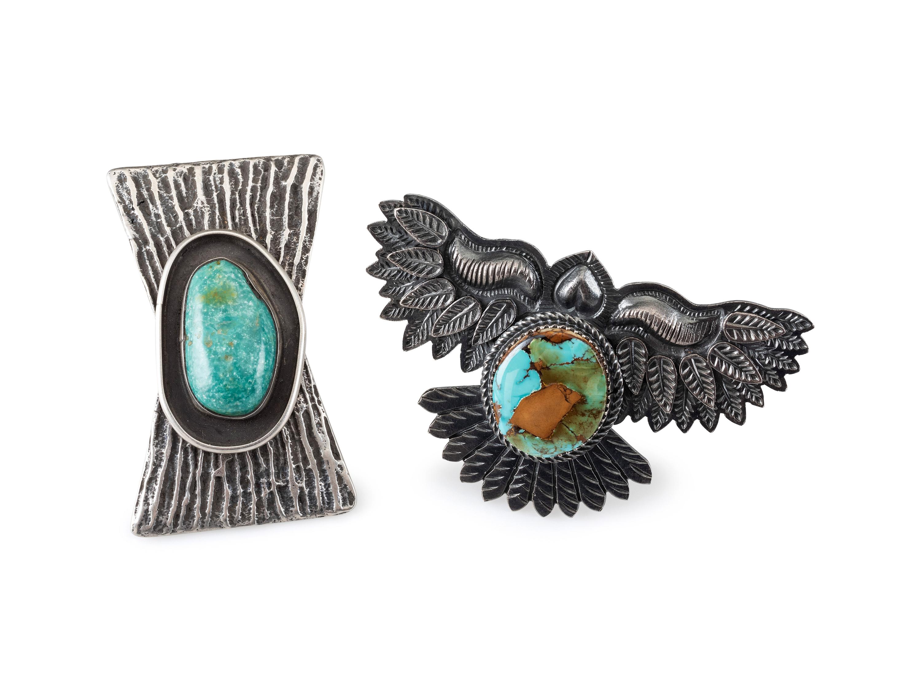 Large Avian Sterling Silver and Pilot Mountain Turquoise Ring PLUS Sterling Silver Tufa Cast Ring, with Mineral Valley Turquoise