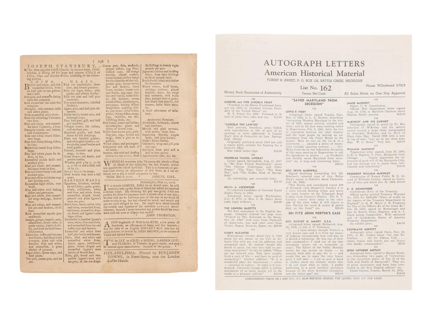 [REVOLUTIONARY WAR]. Group of 3 newspapers incl. a 1776 Penn. Evening Post and The Salem Gazette .