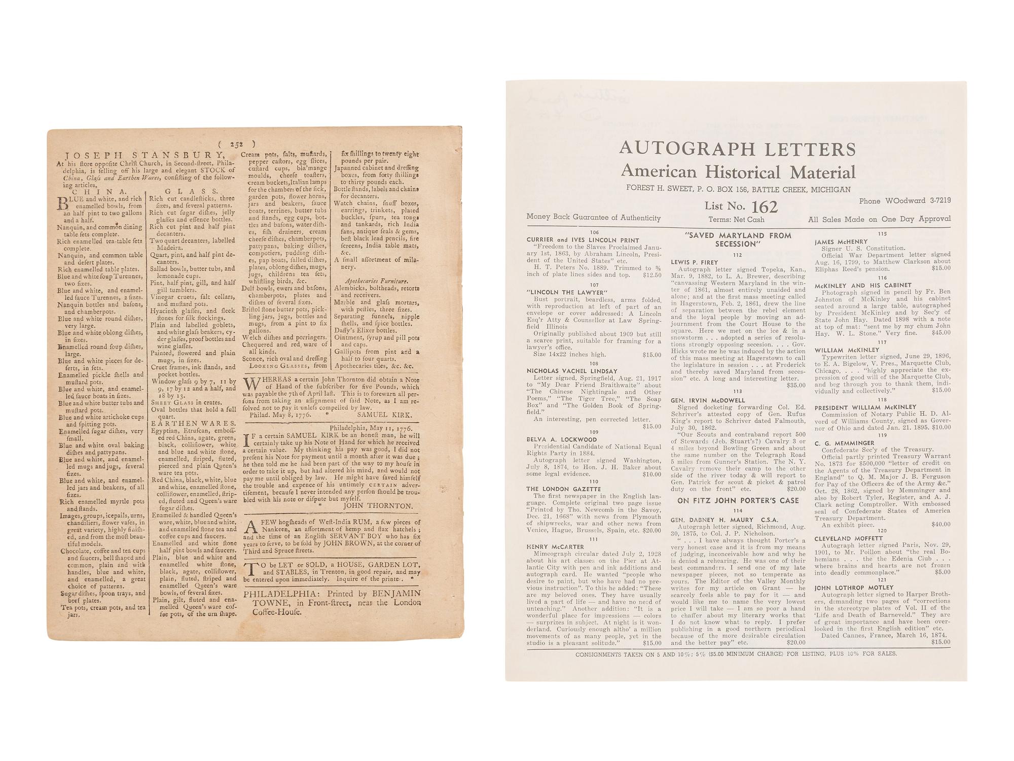 [REVOLUTIONARY WAR]. Group of 3 newspapers incl. a 1776 Penn. Evening Post and The Salem Gazette .