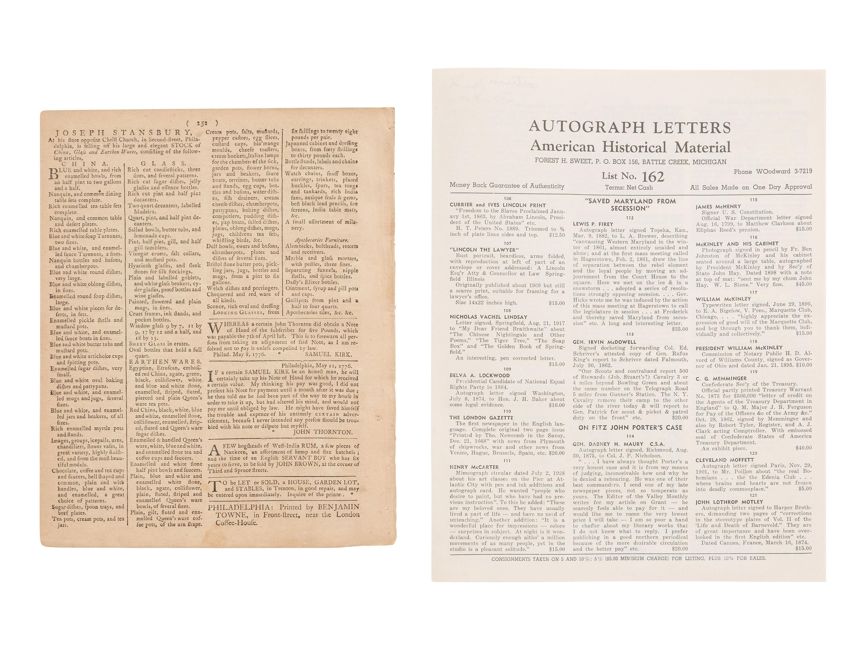 [REVOLUTIONARY WAR]. Group of 3 newspapers incl. a 1776 Penn. Evening Post and The Salem Gazette .