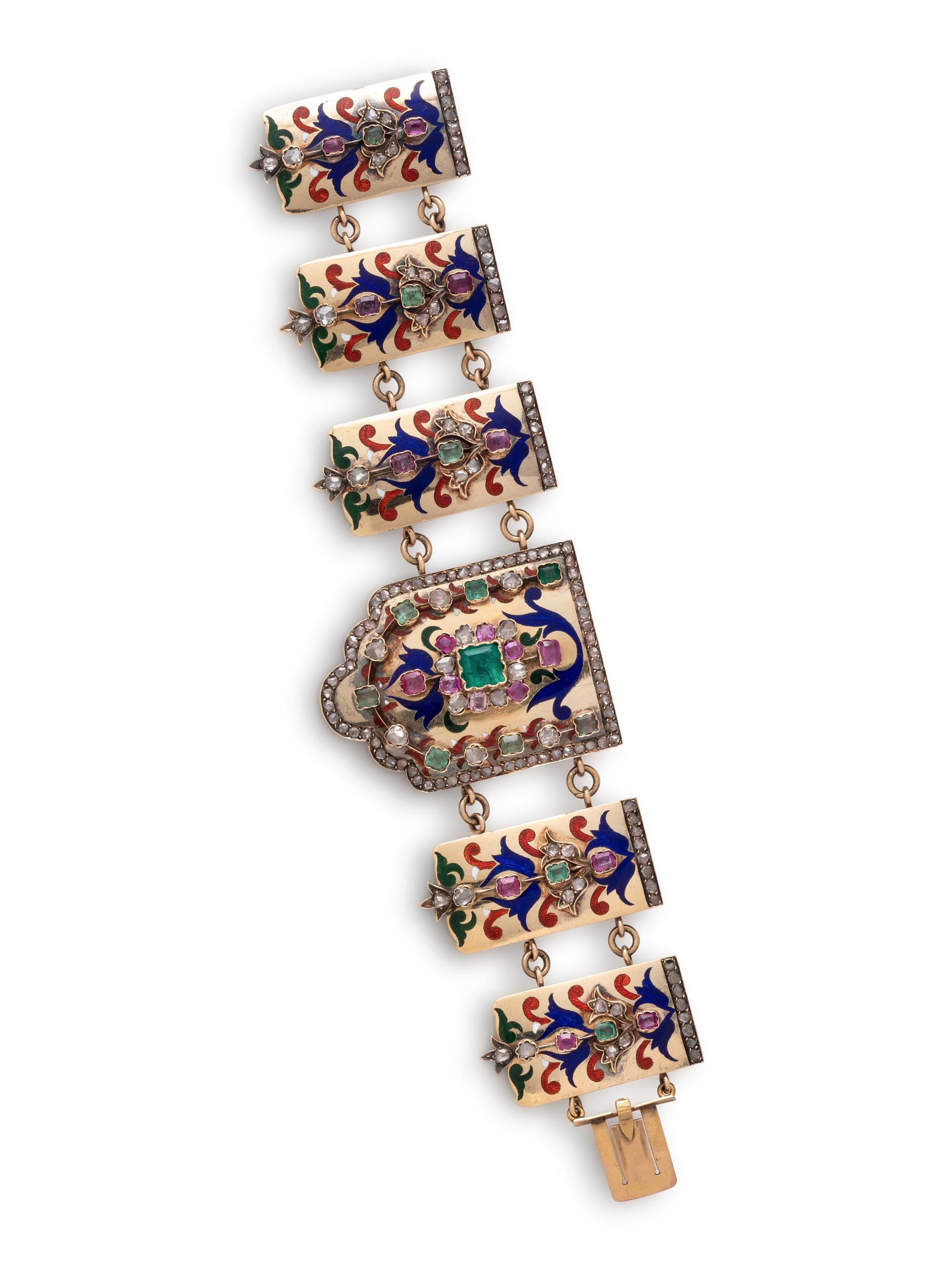 ANTIQUE, DIAMOND, MULTIGEM AND POLYCHROME ENAMEL BRACELET