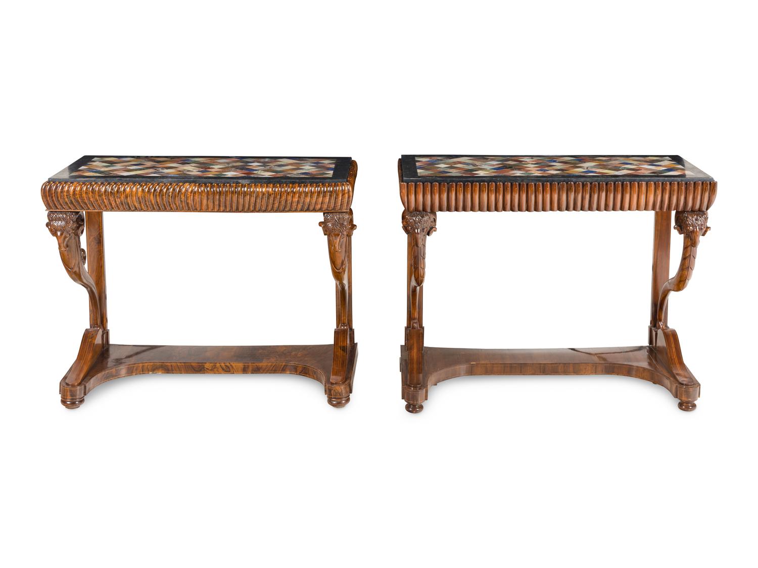 A Near Pair of North European Neoclassical Walnut Console Tables