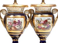 A Pair of English Porcelain Cobalt-Blue Urns Mounted as Lamps