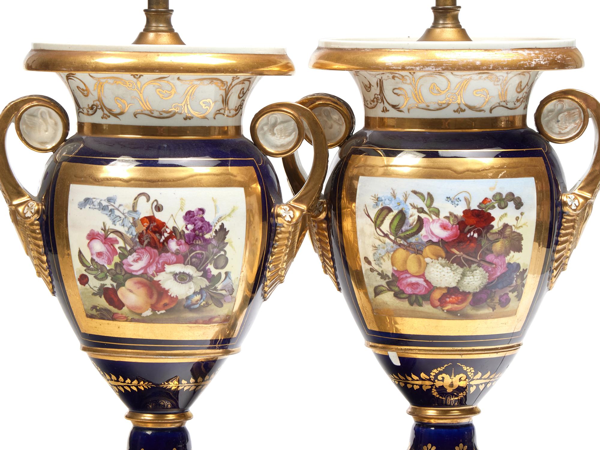 A Pair of English Porcelain Cobalt-Blue Urns Mounted as Lamps