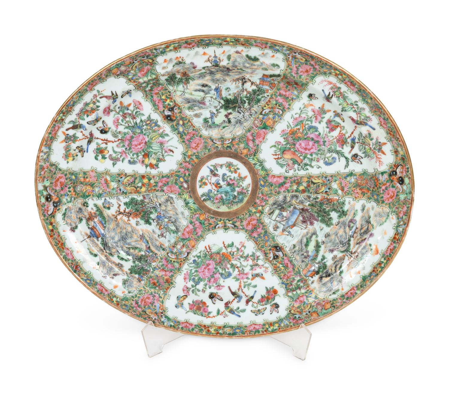 A Pair of Famille Rose Porcelain Baluster-Form Vases and Large Oval Platter