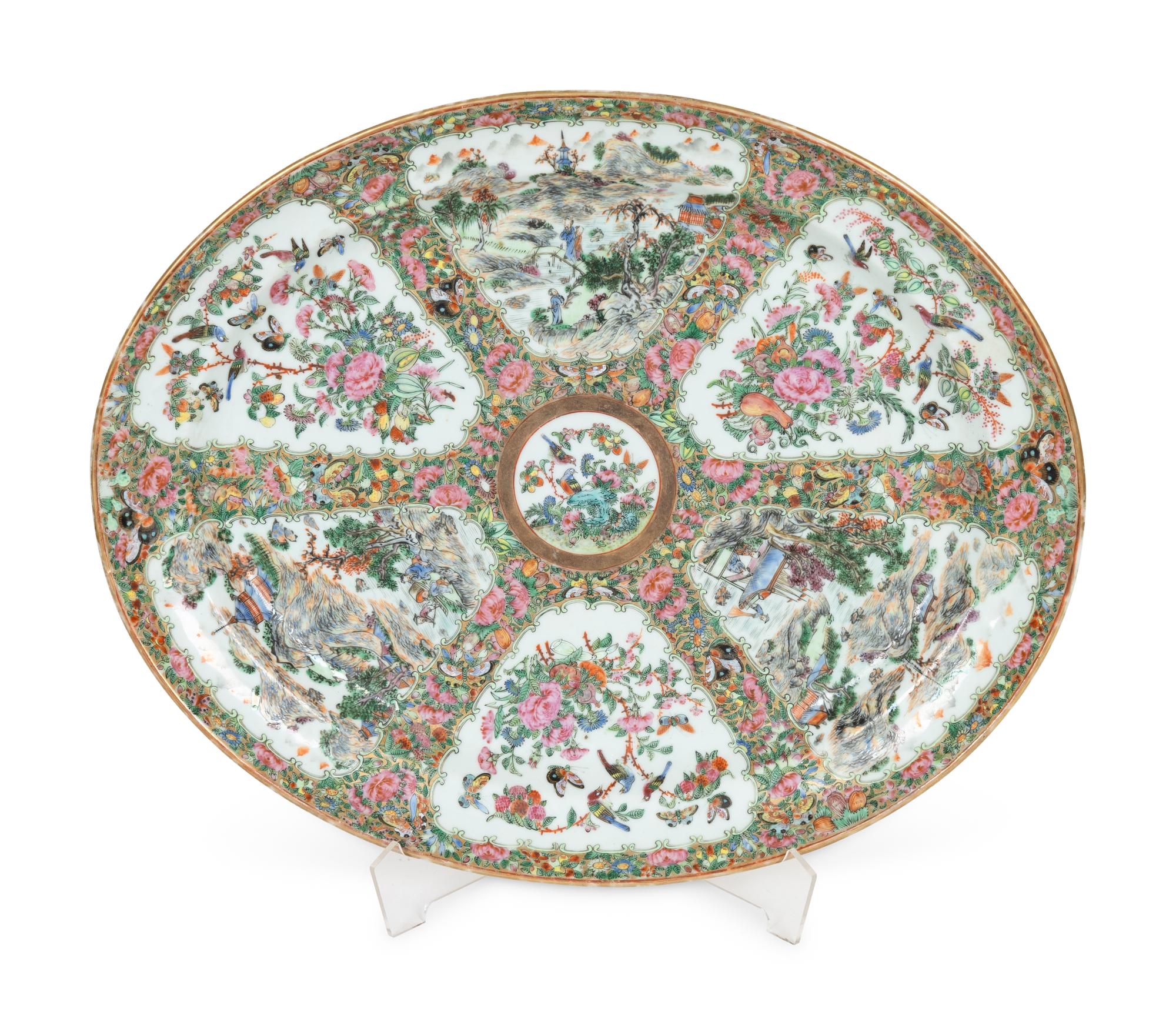 A Pair of Famille Rose Porcelain Baluster-Form Vases and Large Oval Platter