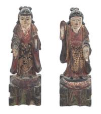 A Pair of Chinese Painted Carved Wood Figures Height 6 1/2 inches. — 19TH CENTURY