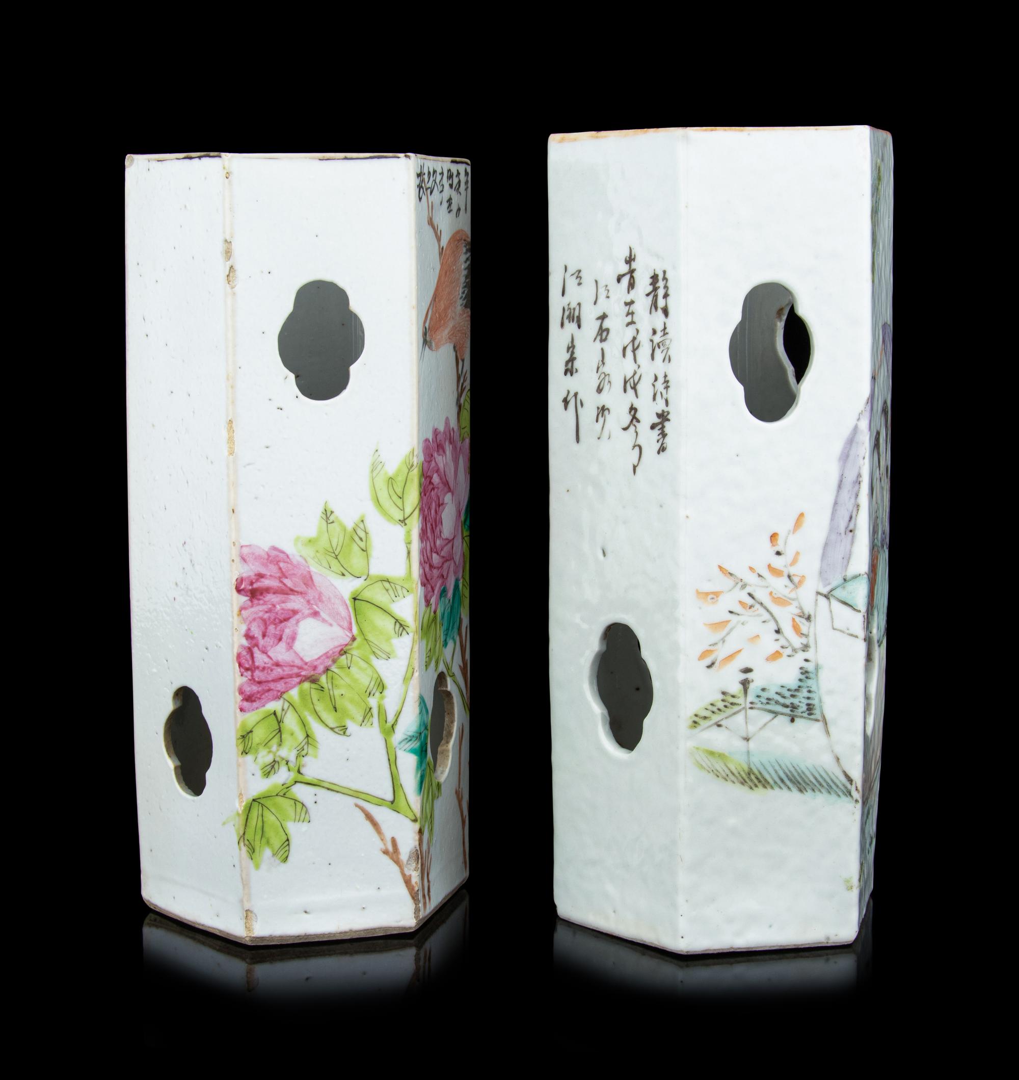 Two Chinese Qianjiang Porcelain Hexagonal Hat Holders