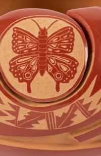 Redware Pottery Bowl with Butterfly Sgraffito Etchings