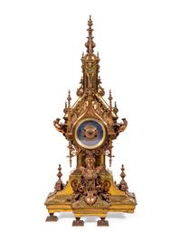 A French Gothic Revival Gilt Bronze and Brass Mantel Clock Retailed by Tiffany and Co.