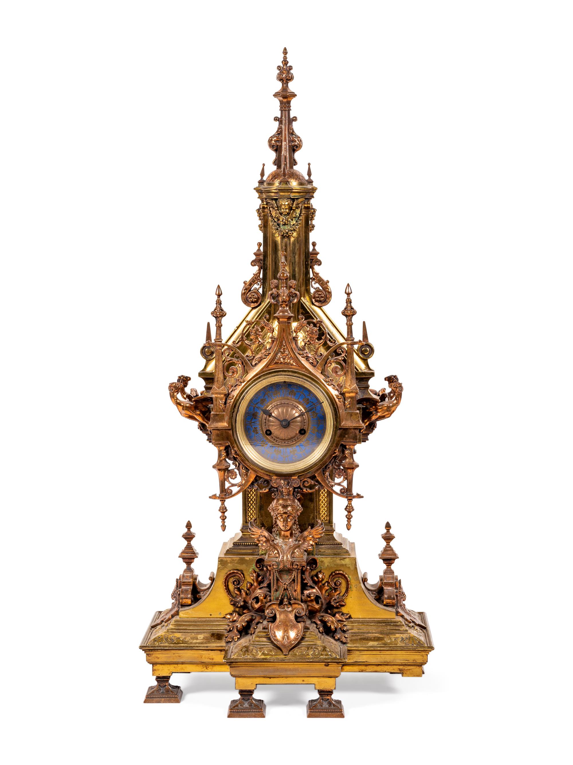 A French Gothic Revival Gilt Bronze and Brass Mantel Clock Retailed by Tiffany and Co.