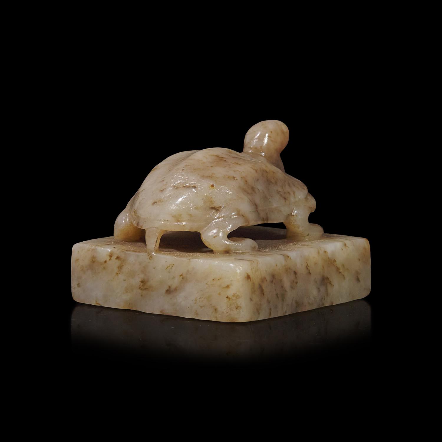 A Small Chinese Grey Jade "Tortoise" Seal, Ming Dynasty or Earlier 明或更早 玉龜紐印