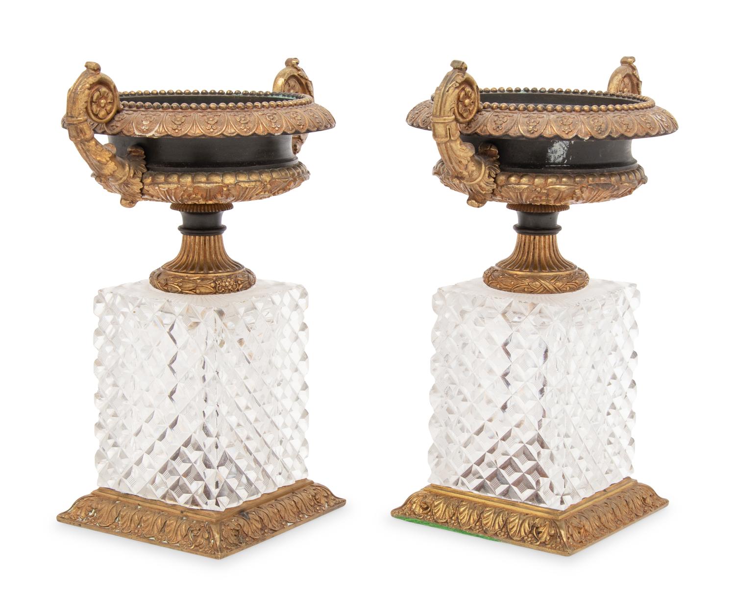 A Pair of French Gilt and Patinated Bronze and Cut Glass Urns