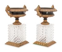A Pair of French Gilt and Patinated Bronze and Cut Glass Urns