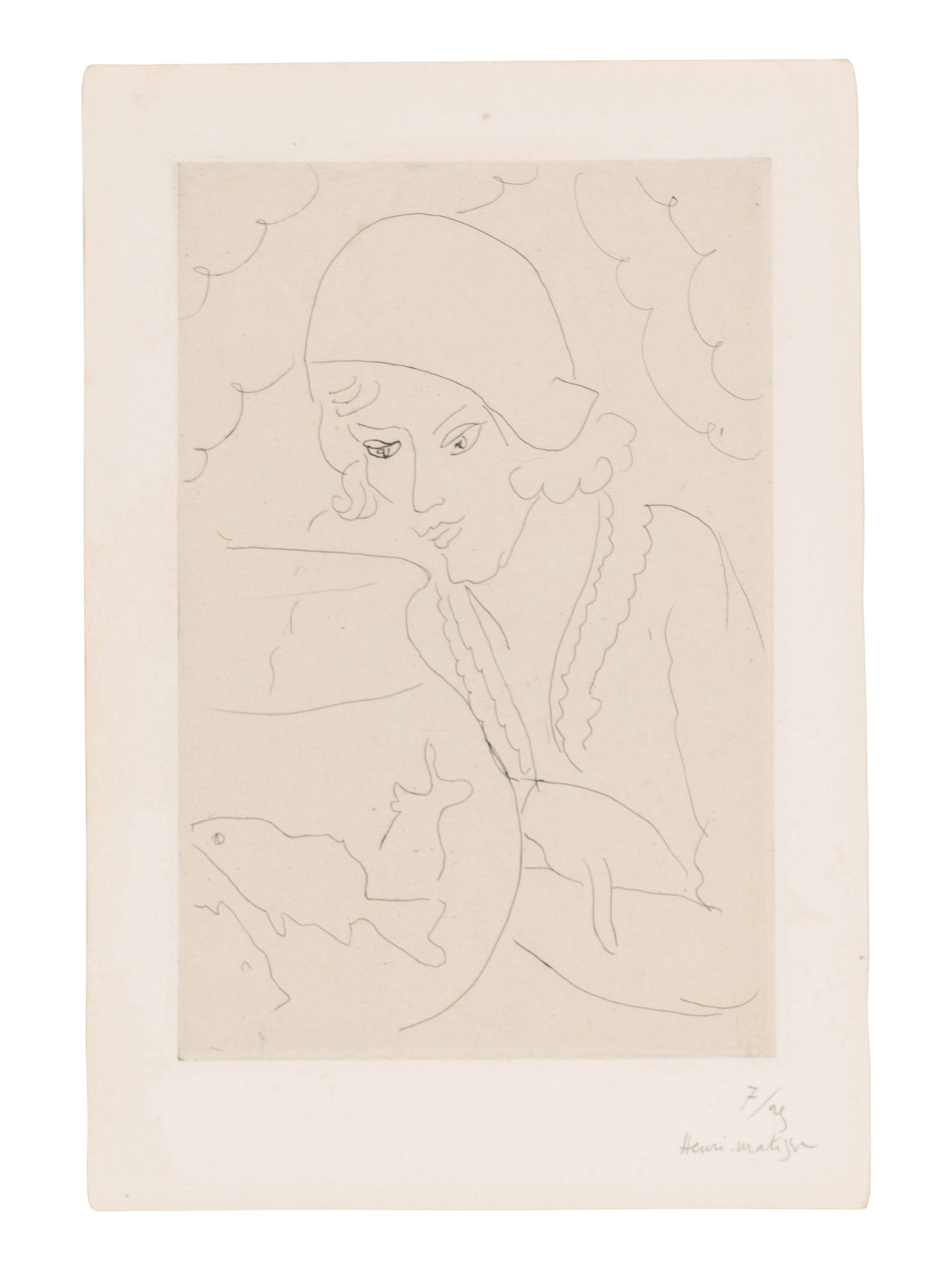 Jeune femme à la coiffure Hollandaise, regardant des poissons, ca. 1929
