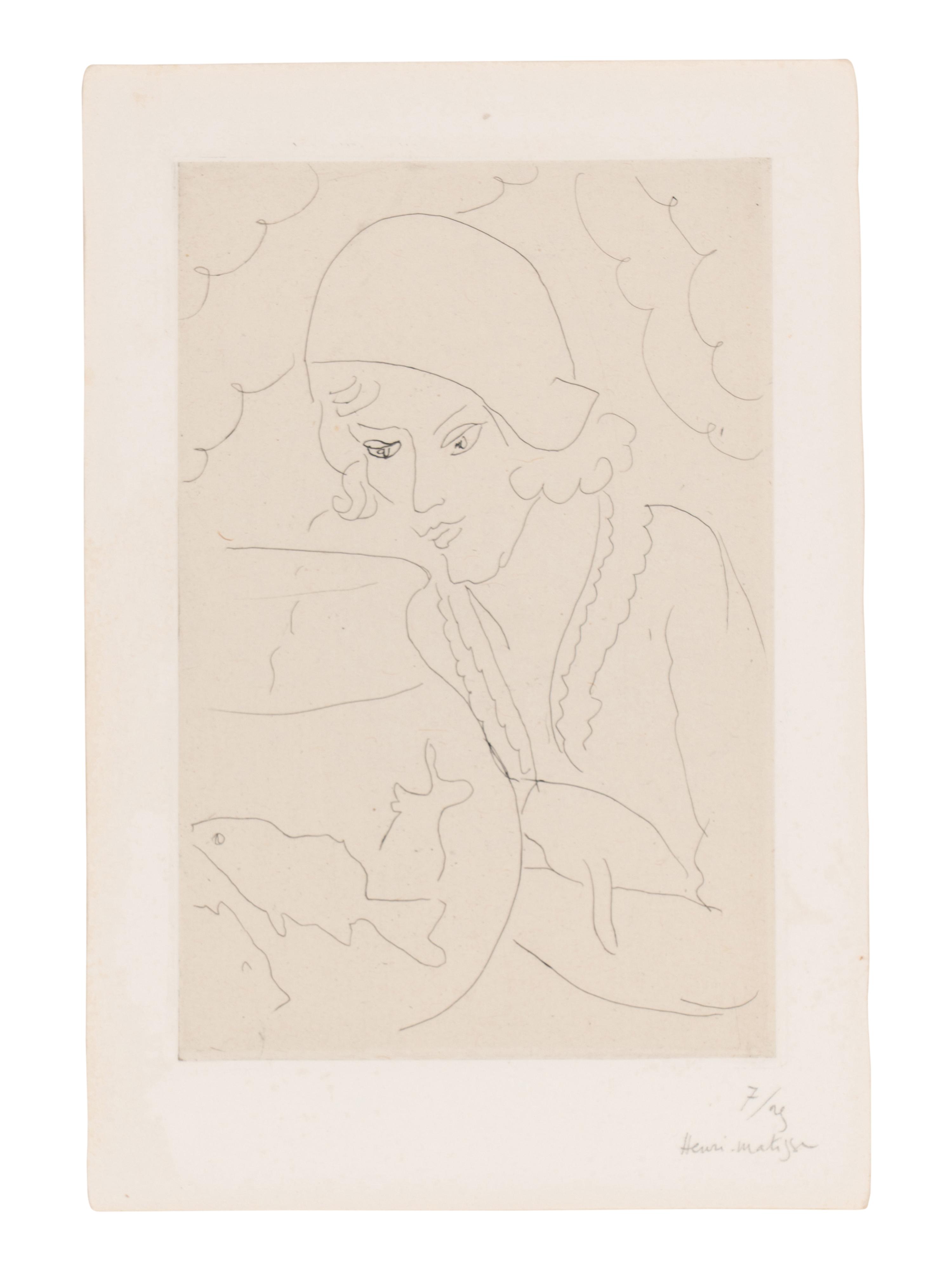 Jeune femme à la coiffure Hollandaise, regardant des poissons, ca. 1929