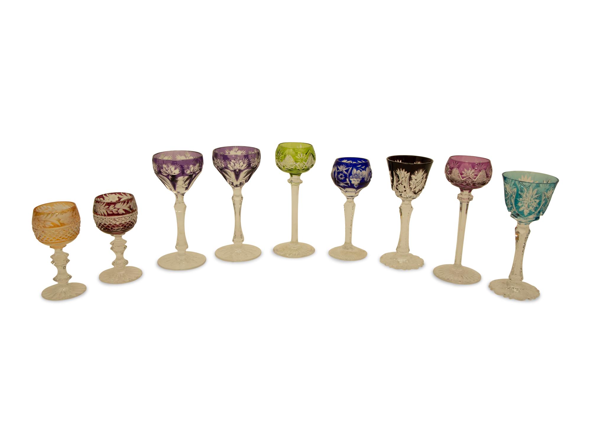 A Collection of Bohemian Cut-to-Clear Colored Cordial Glasses