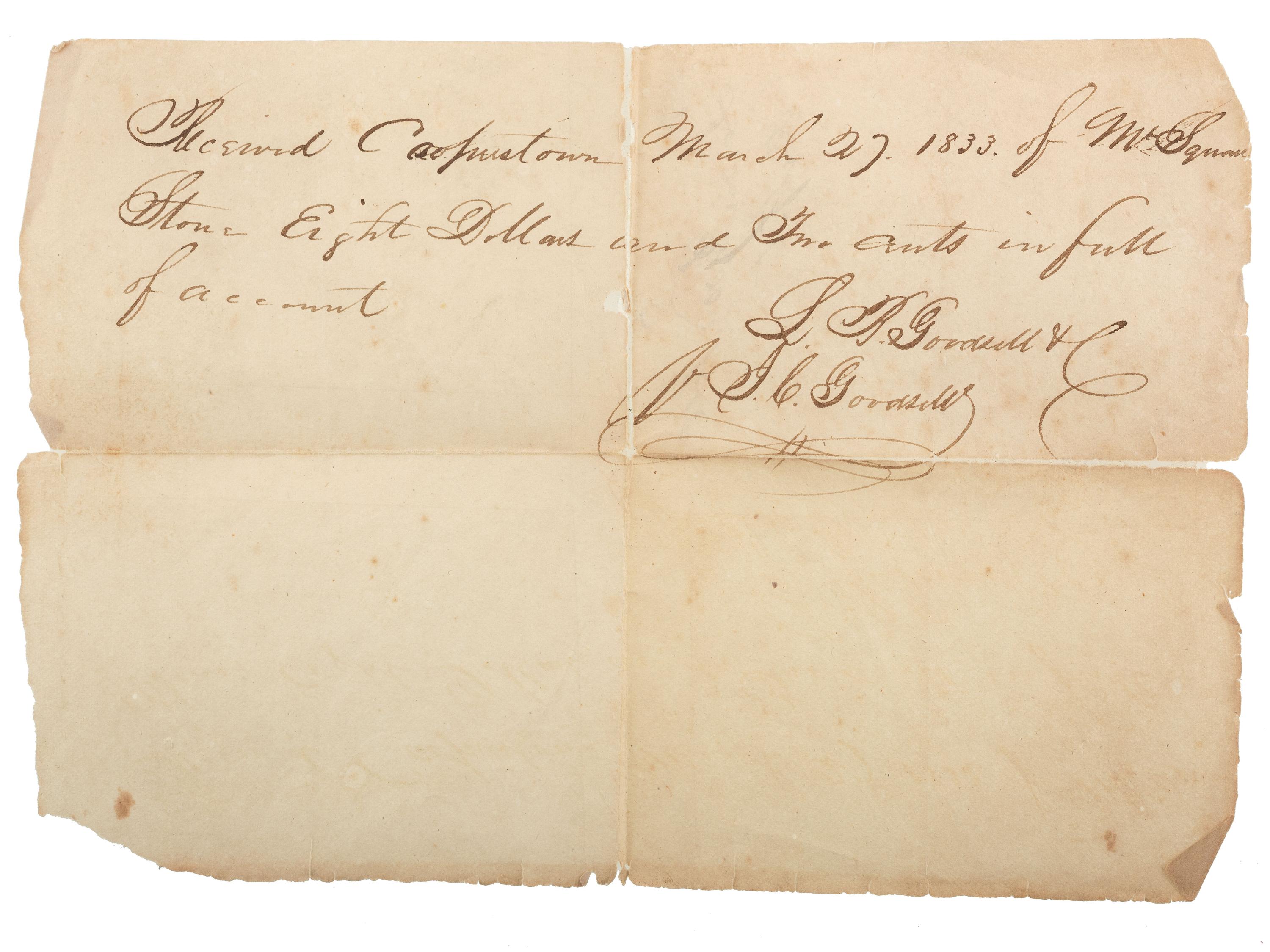 [WAR OF 1812]. Group of 9 documents related to New York tavern owner Squire Stone (1791-1884), including appointment to 60th New York Regiment of Infantry.