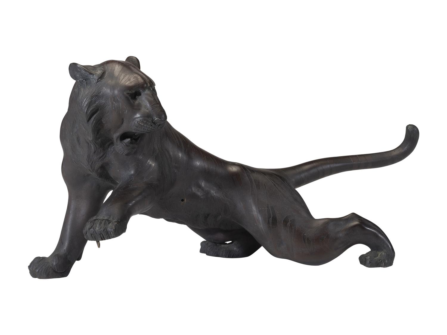A Japanese Meiji Bronze Tiger and Alligator Sculptural Group